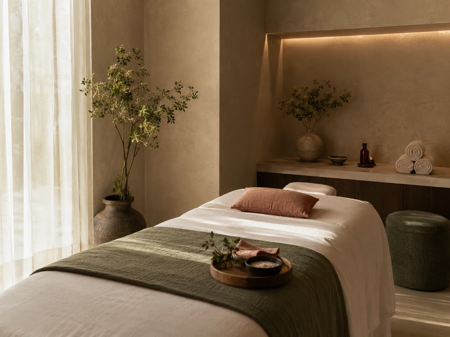 Warm spa treatment room with porcelain linens and botanical details.