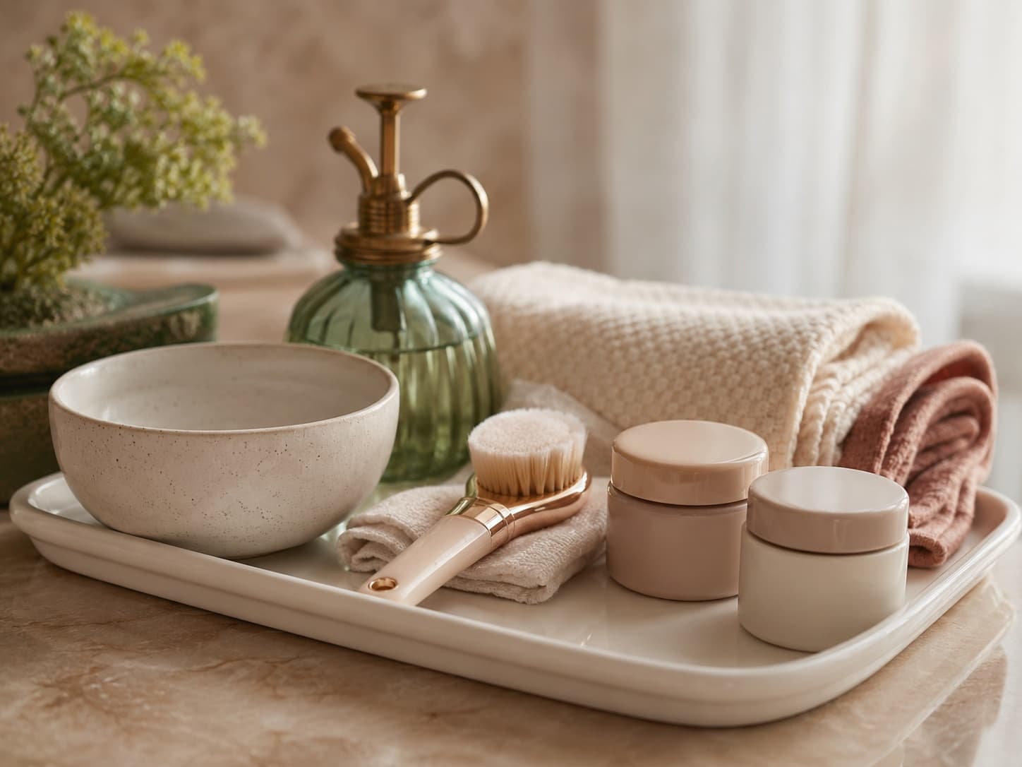 Facial care setup with towels, facial brush, and skincare jars.