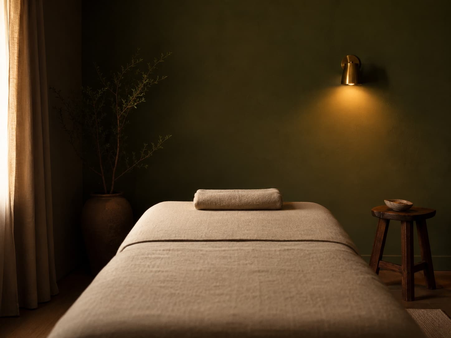 Quiet massage room with a linen treatment table and warm light.