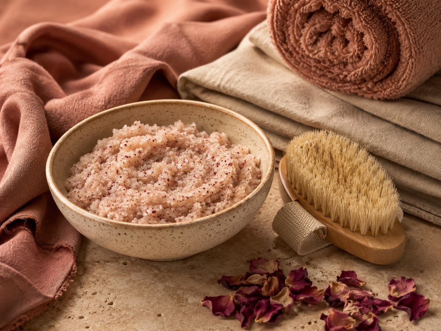 Body polish still life with mineral scrub, linens, and rose petals.