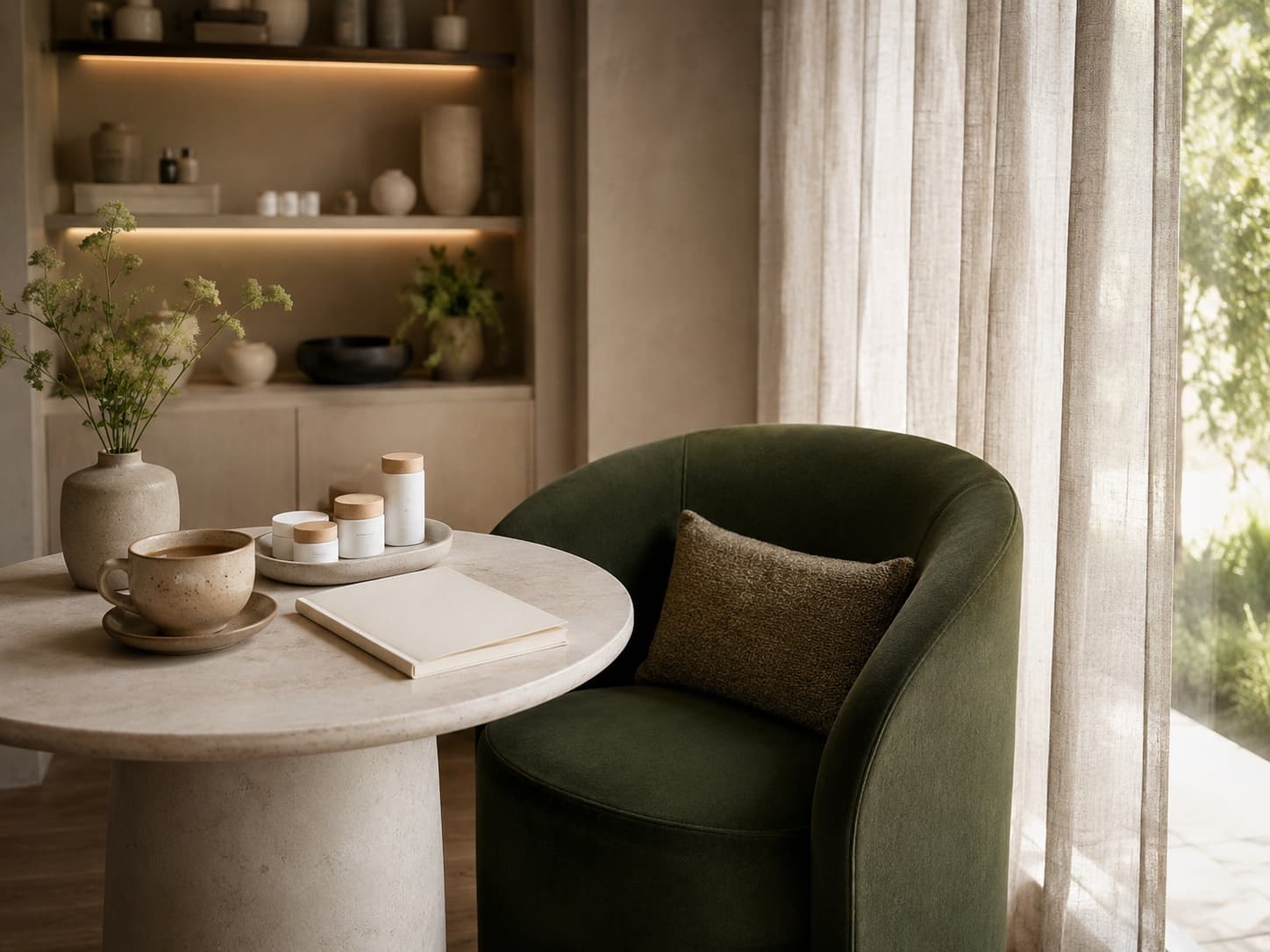 Calm consultation room with tea, notebook, and skincare samples.