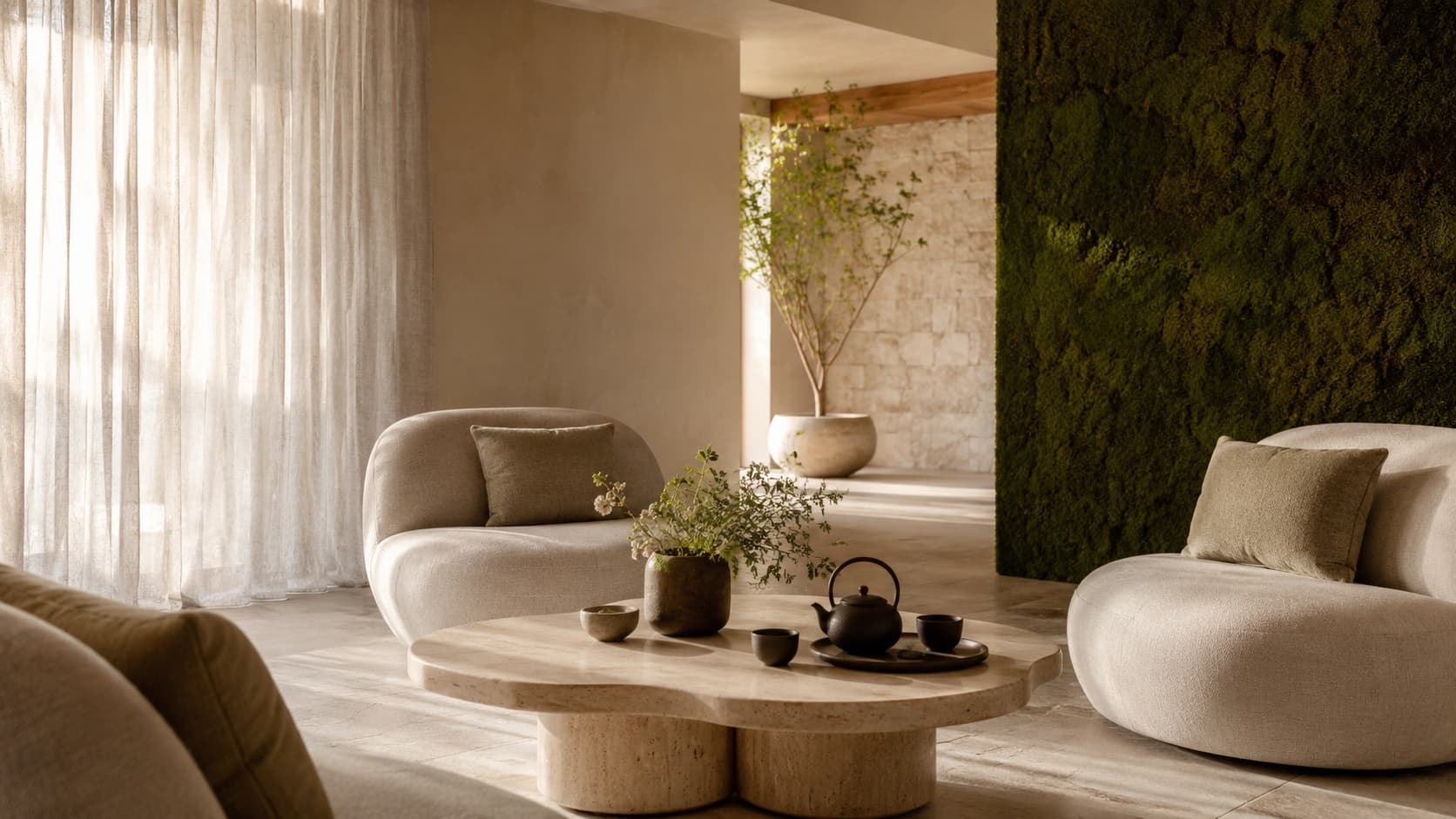 Premium spa lounge with curved chairs, tea service, and soft curtains.