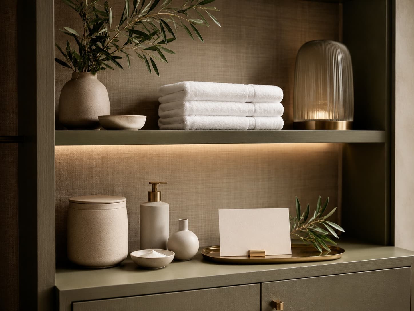 Elegant spa shelf with folded towels, ceramic vessels, and botanicals.