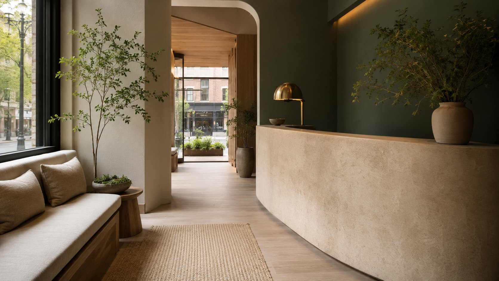 Refined spa reception with a curved stone desk and natural light.