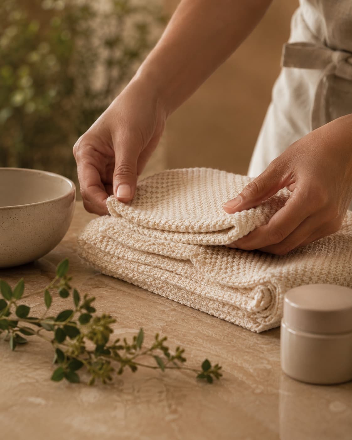 Hands folding a warm towel beside ceramic spa objects.