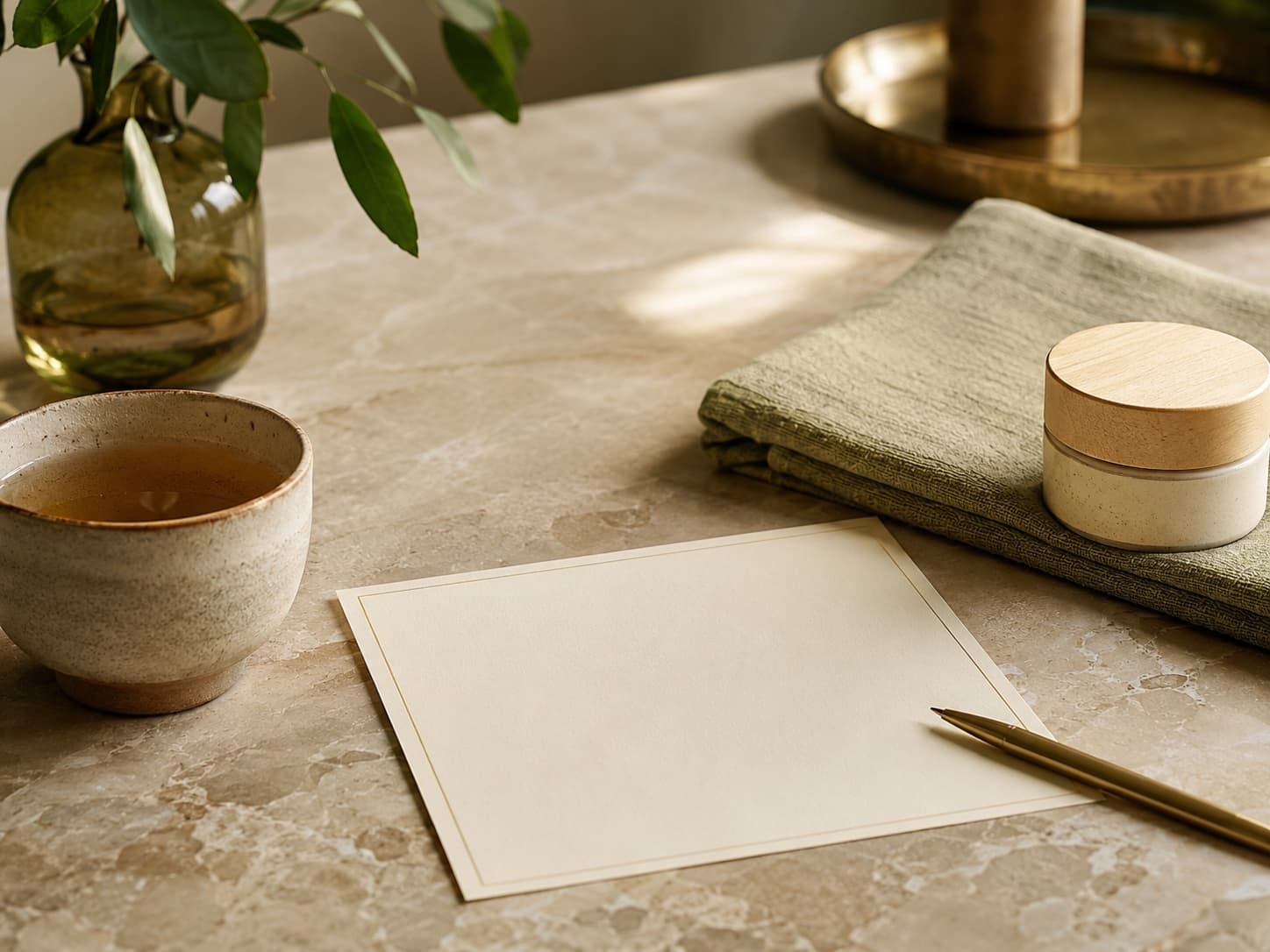 Spa appointment planning scene with tea, linen, skincare, and a brass pen.