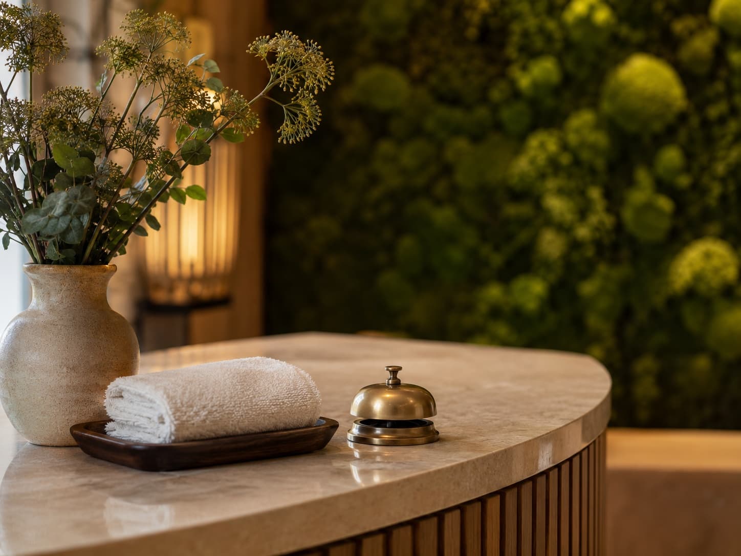 Warm spa reception detail with a botanical vase and brass bell.
